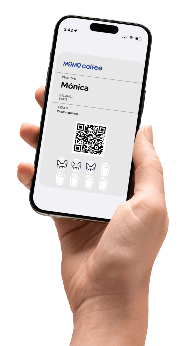Tarjeta de lealtad digital MOMO Coffee en mano